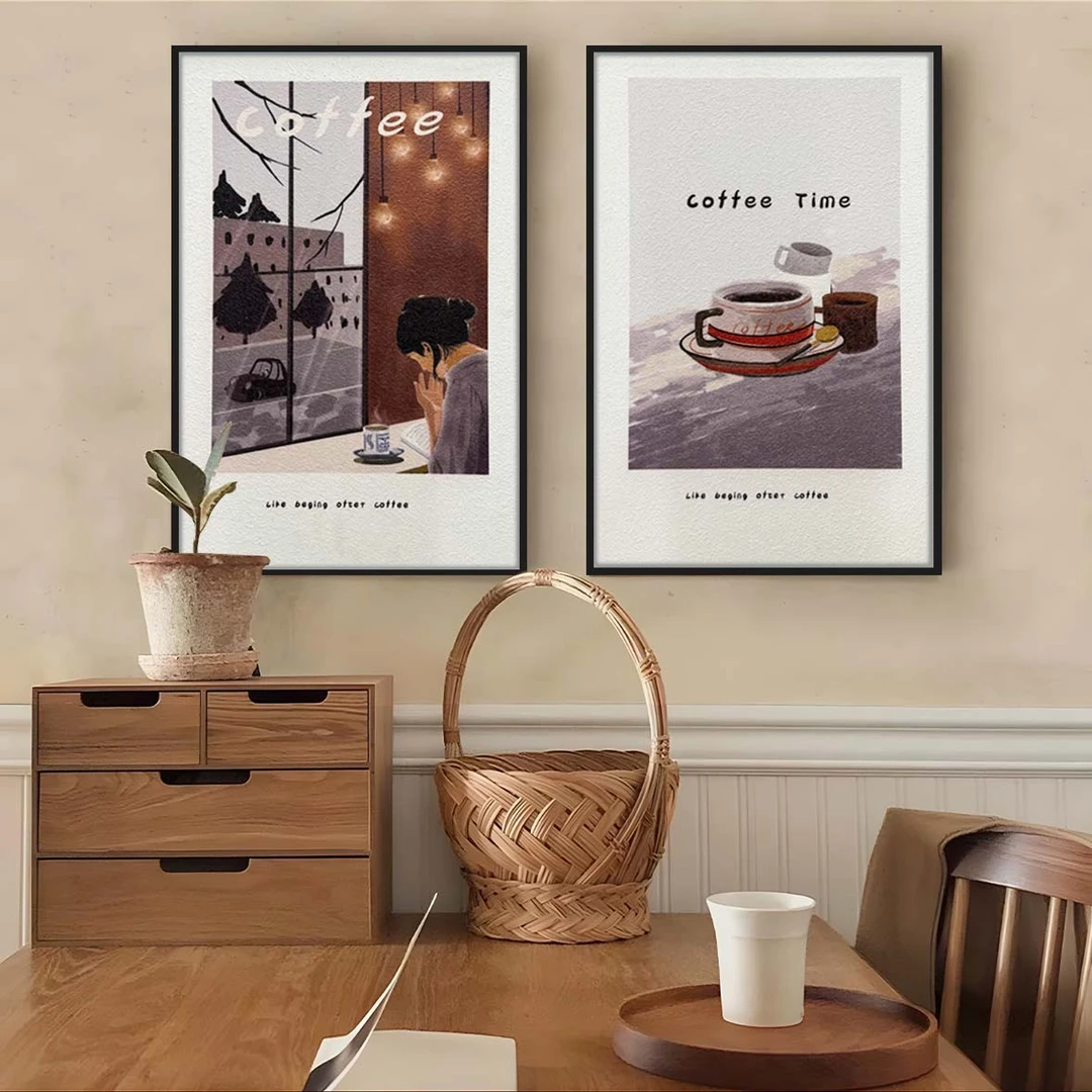 治愈系两联装饰画 客厅背景墙砂岩版画 下午茶餐厅挂画咖啡馆4060