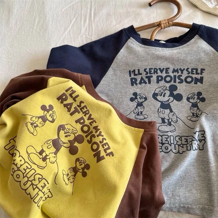 儿童长袖T恤2023春秋季男女童撞色插肩袖T恤衫宝宝卡通打底衫上衣