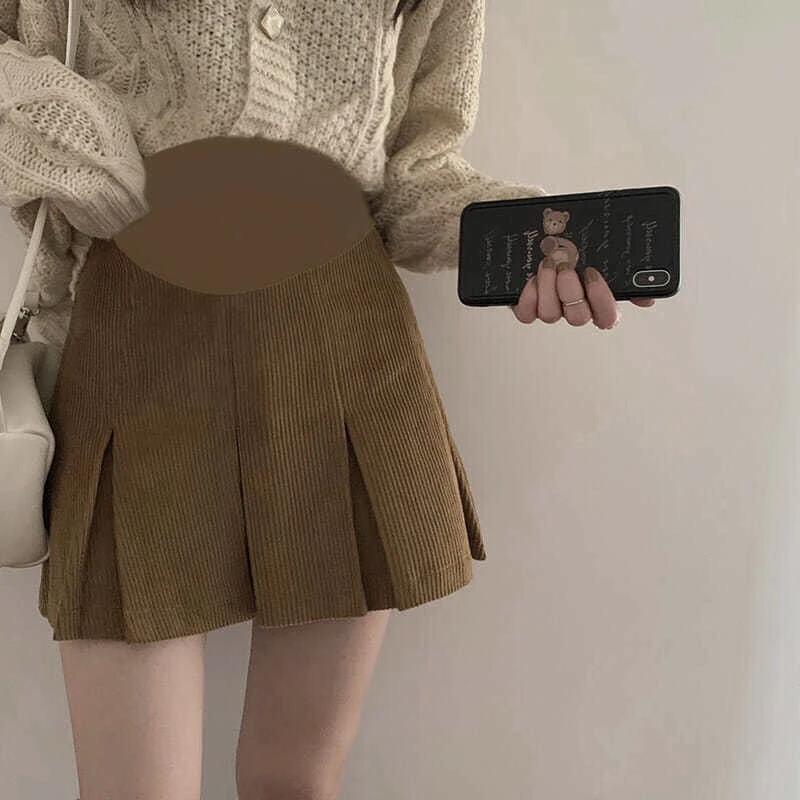 孕妇半身裙秋冬季2022新款外穿托腹百褶裙百搭灯芯绒孕妇短裙子潮