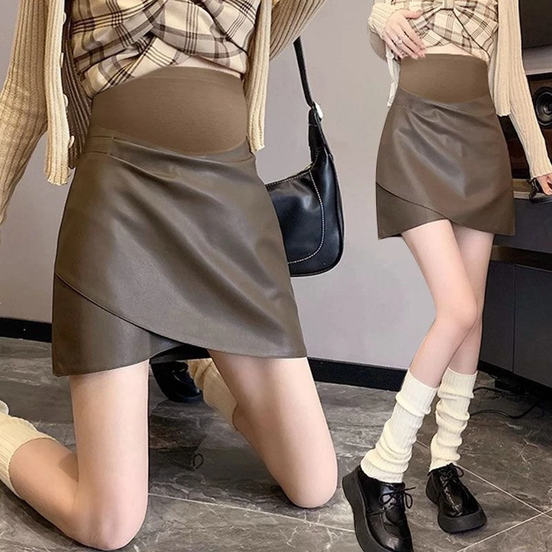 孕妇皮短裙春秋外穿宽松潮妈运动褶皱开叉PU皮孕妇半身裙托腹短裙
