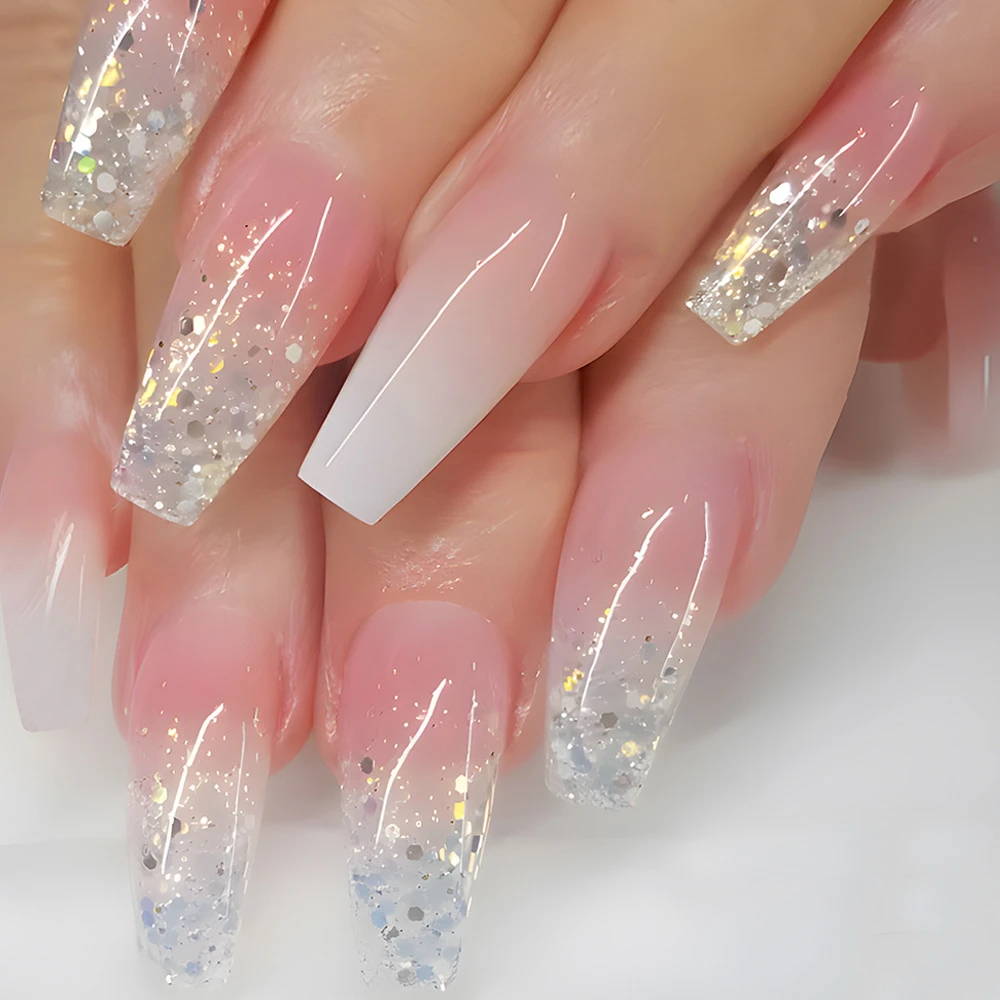 穿戴甲专用甲 粉白渐变亮片假指甲贴片 press on nails