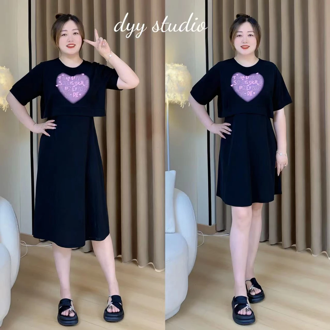 【现货清仓】胖mm显瘦遮肉少女心印花短袖连衣裙假两件洋气小黑裙