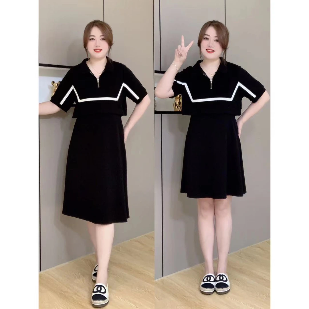 【现货清仓】胖mm宽松显瘦撞色翻领短袖连衣裙洋气减龄赫本小黑裙
