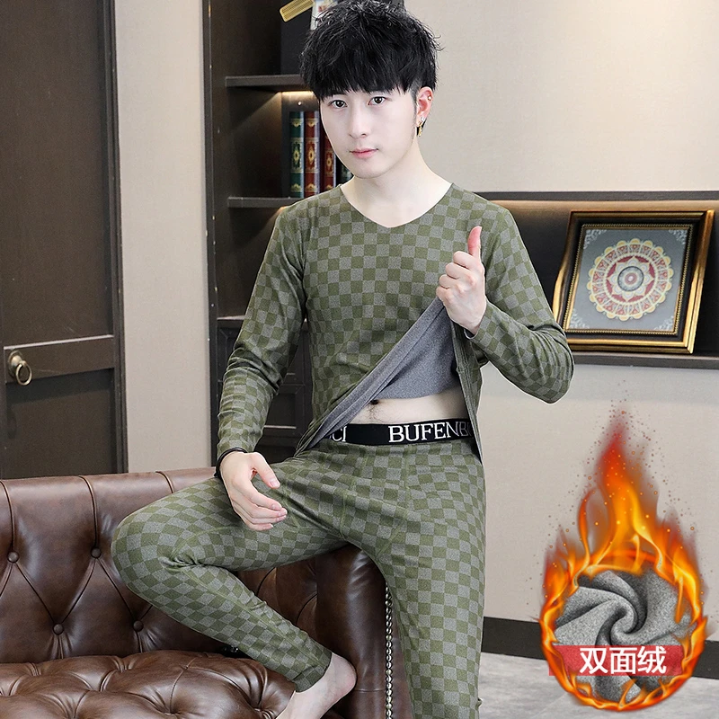 秋衣秋裤冬季青年男士2023新款双面磨毛德绒防寒贴身保暖内衣套装