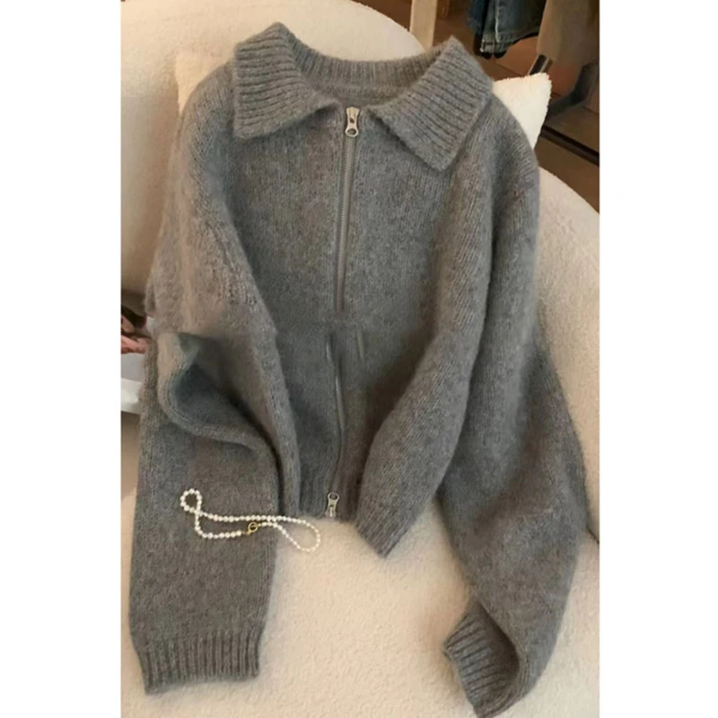 颜值拉满！软糯质感好！灰色双拉链毛衣外套女针织衫秋冬季短款开衫