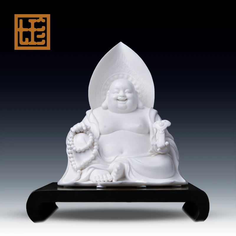 七珍陶瓷莲座弥勒大肚弥勒笑佛摆件德化白瓷车载玄关装饰品