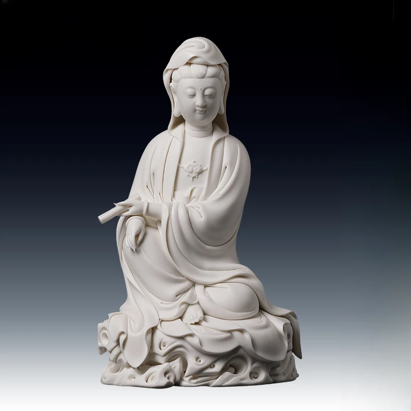七珍陶瓷摆件《持经观/音》德化白瓷林建平观/音宝相家用摆件