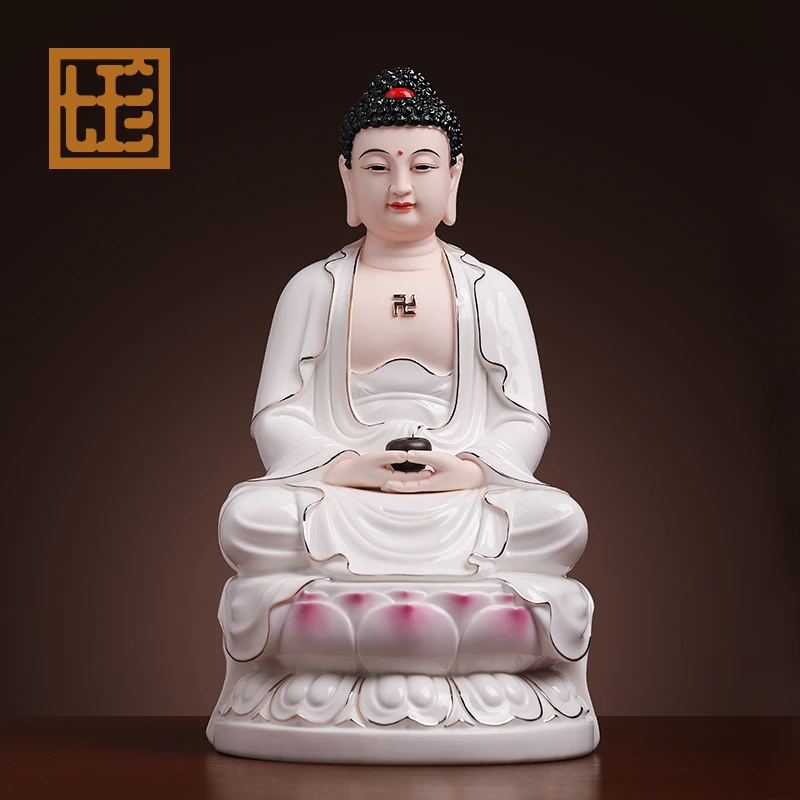 七珍陶瓷12英寸坐莲如来瓷像释迦牟尼家用摆件