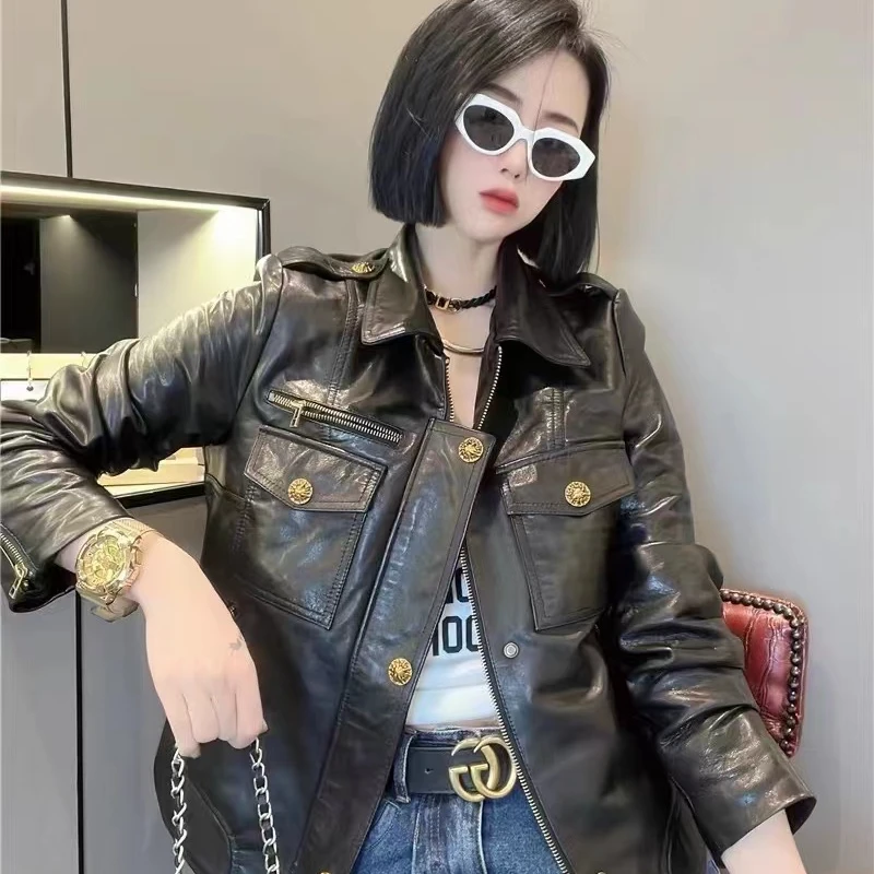 仿真皮拉链机车外套2025皮夹克新款短款修身显瘦口袋皮衣女外套