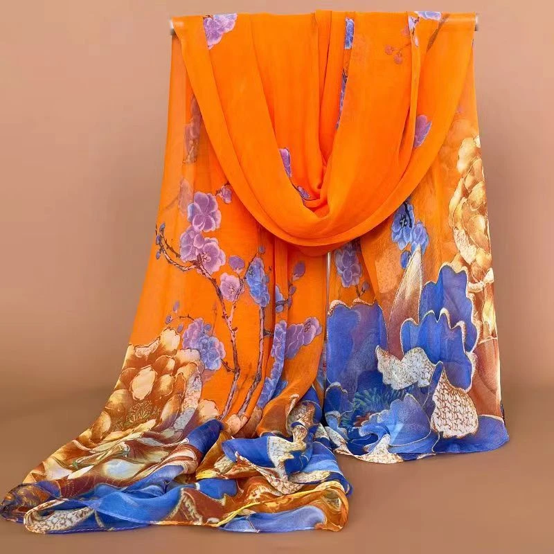 十里花洋气丝巾春秋长款时尚围巾女冬季妈妈纱巾印花拍照沙滩披肩