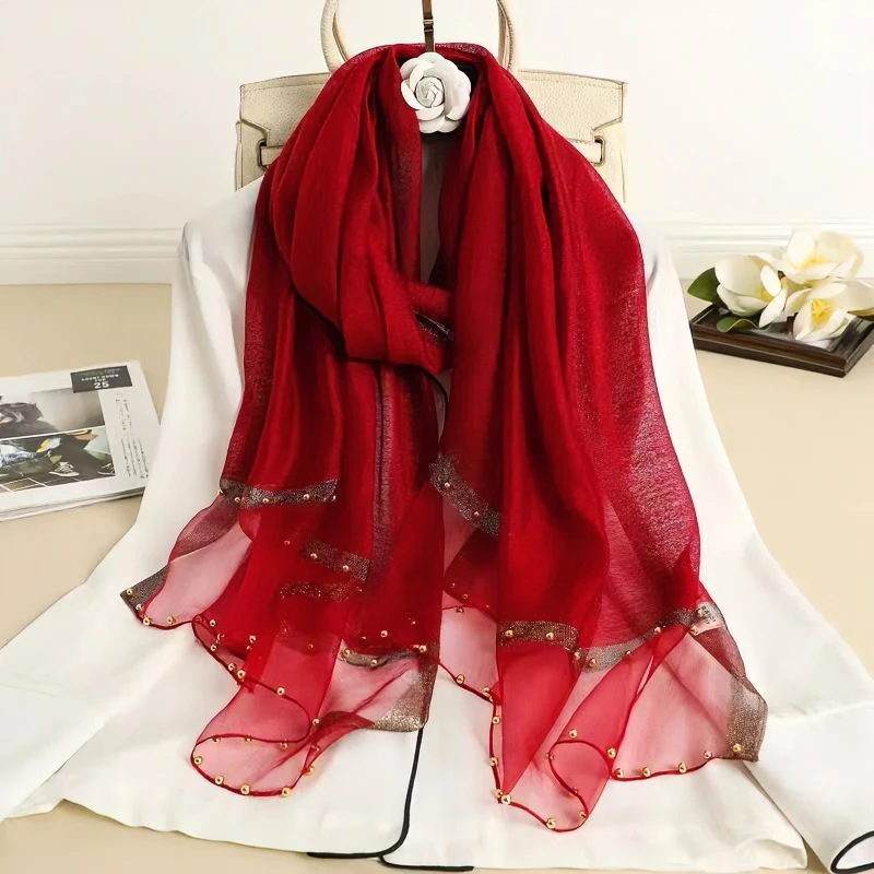 【钉珠款】秋冬保暖红色女士刺绣款185*70 披肩围巾丝巾 赠送丝巾扣