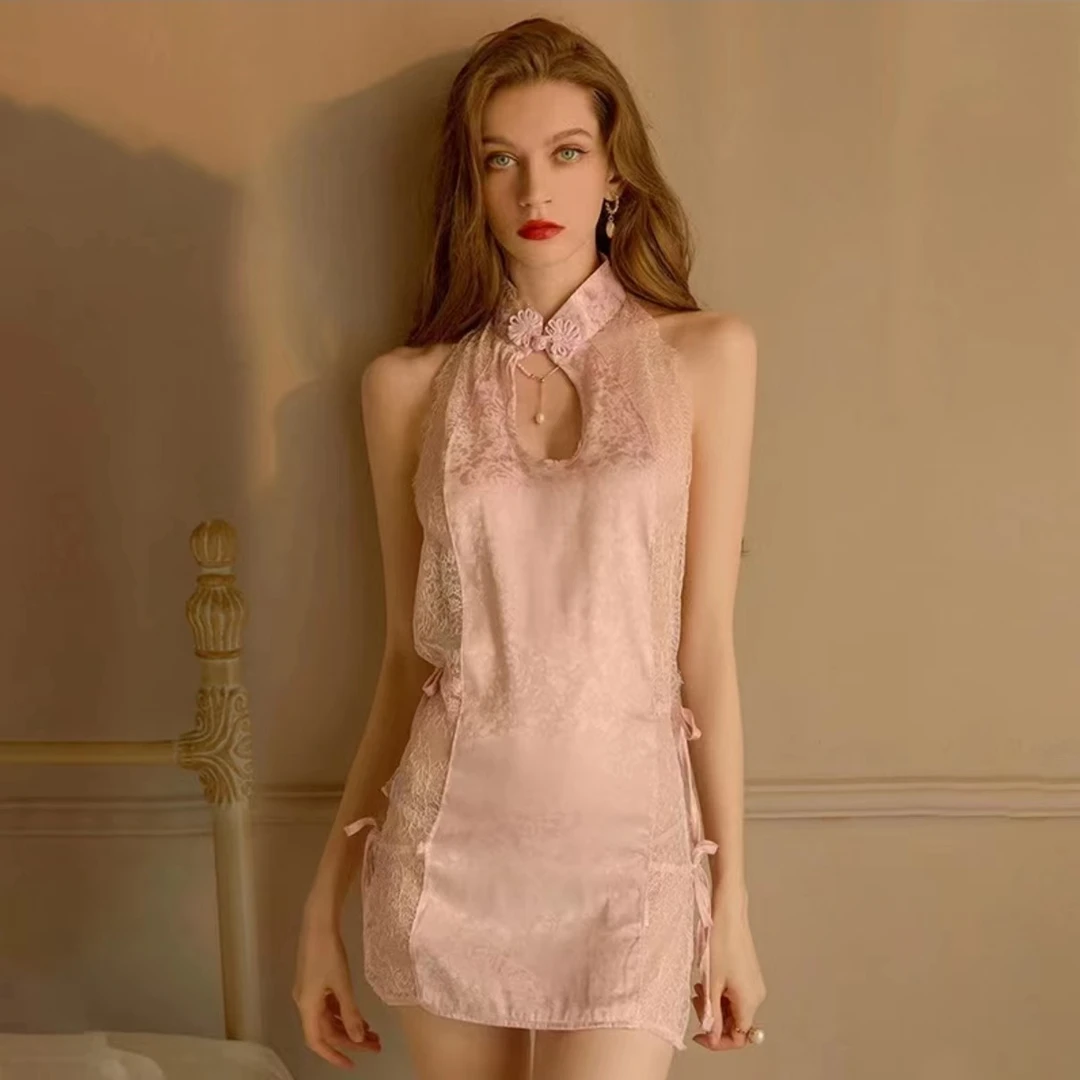 爱如如轻奢气质性感镂空露背修身显瘦包臀裙开叉情趣睡衣改良旗袍