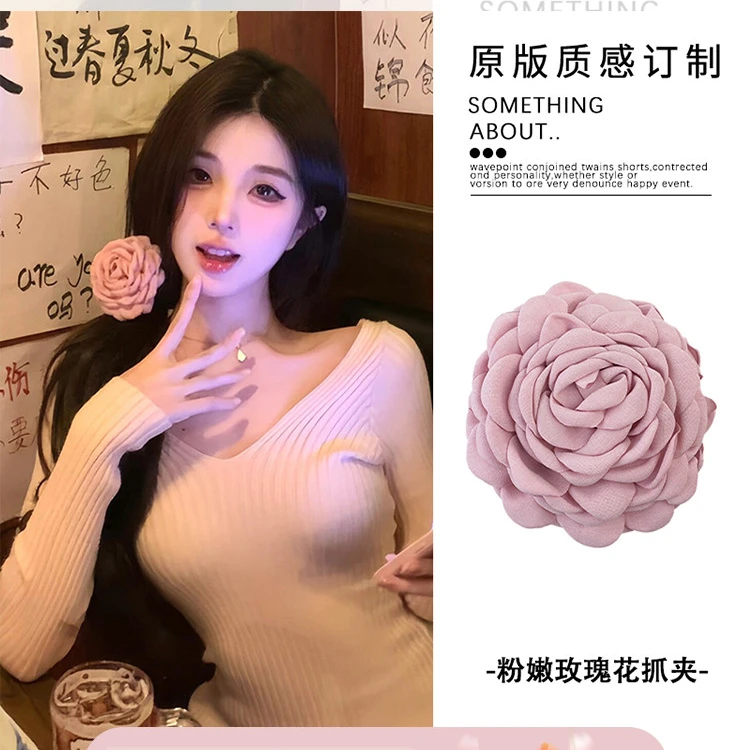 玫瑰花抓夹女2024小众高级感花朵发夹红色头花发抓鲨鱼夹发夹头饰