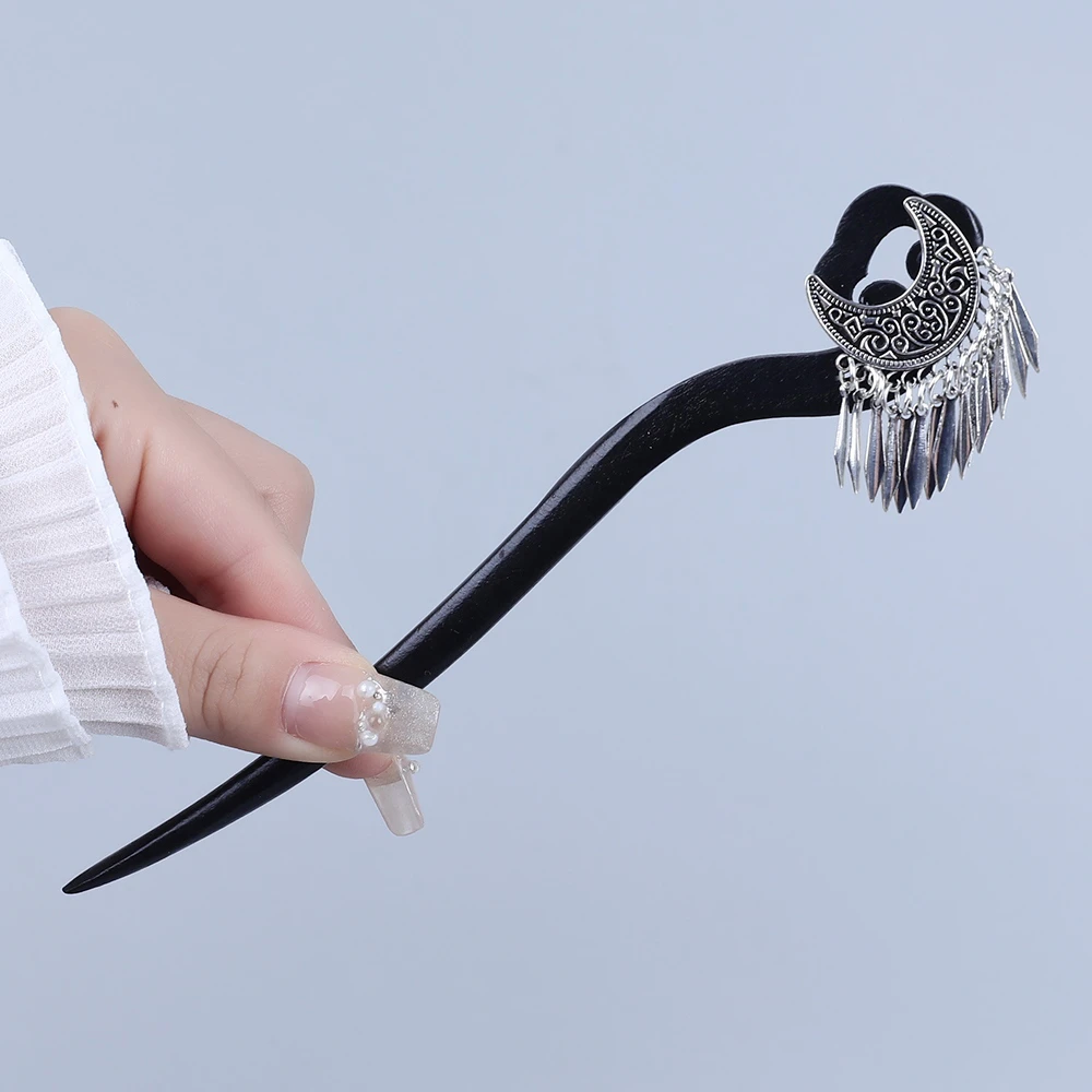 古典月牙流苏盘发簪女新款汉服头饰木质发钗气质高级感仿檀木簪子