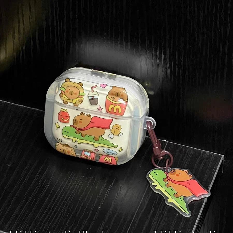 卡通水豚鳄鱼挂件AirPodsPro2苹果3代无线蓝牙耳机套AirPods1/2女