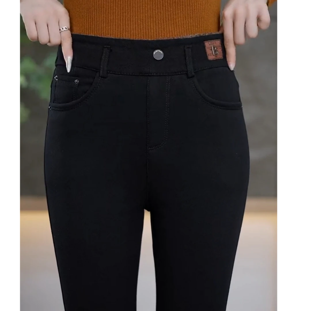 加绒加厚小脚裤秋冬显瘦牛仔高腰紧身黑色外穿弹力