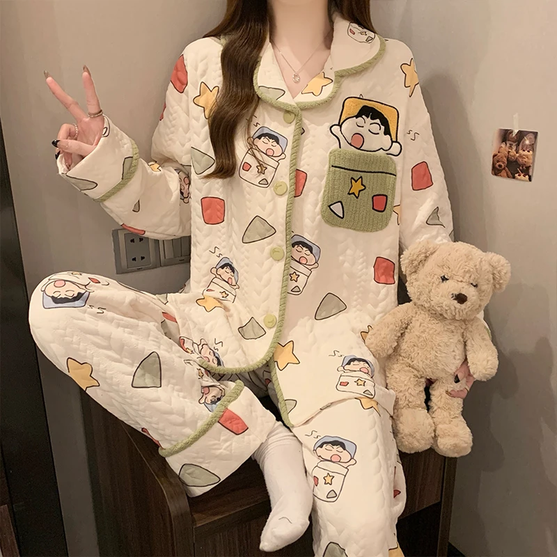 睡衣女秋冬季新款可爱开衫长袖卡通夹层保暖两件套女士冬天家居服