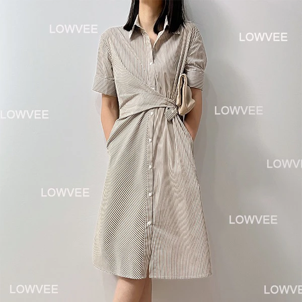 新款休闲时尚条纹短袖夏季设计师感气质法式收腰显瘦宽松连衣裙