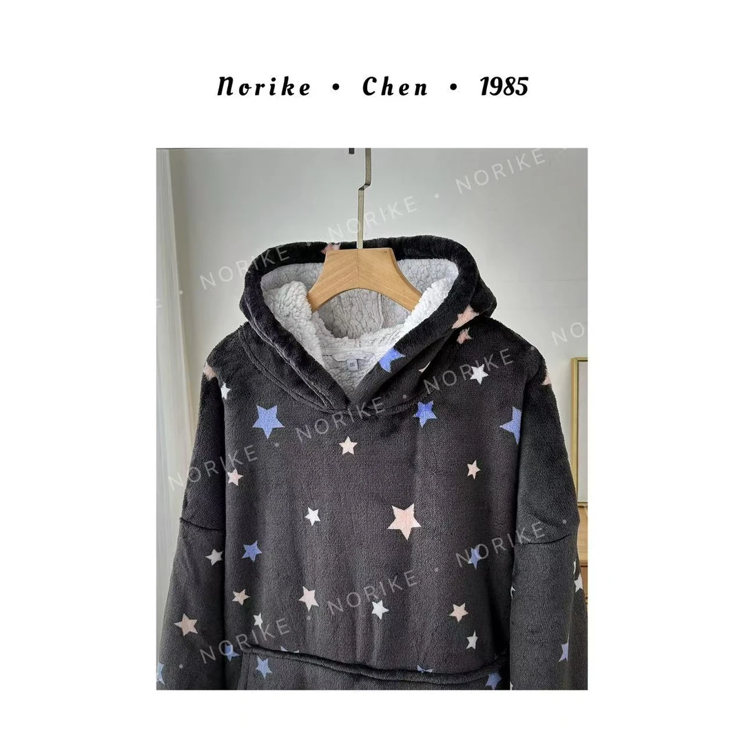 灰底星星连帽套头家居服法兰绒加厚保暖睡裙NK411267