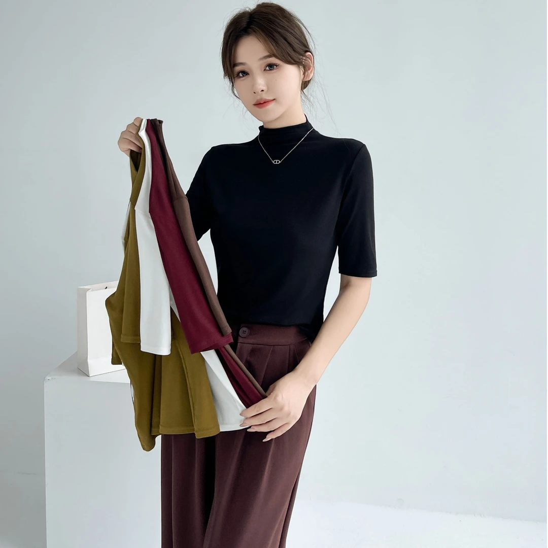 半高领打底衫女内搭2024秋冬中袖高级感气质洋气时尚五分袖上衣