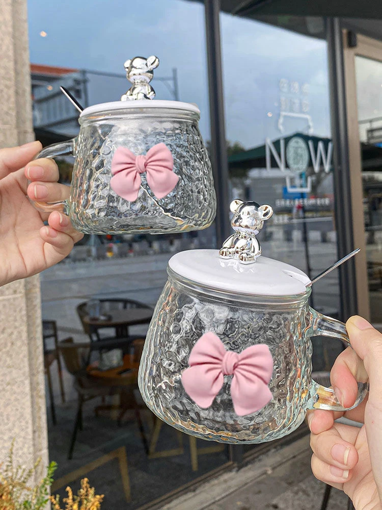 【买一送一】小熊杯蝴蝶结玻璃杯牛奶咖啡杯带盖家泡茶办公室杯子