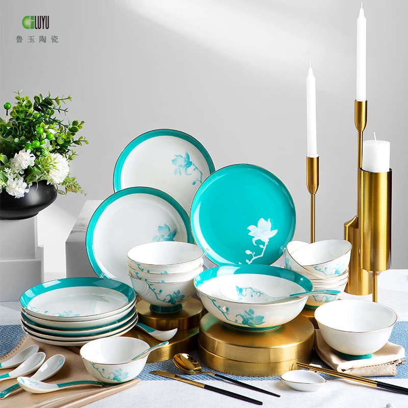 鲁玉骨瓷餐具26头新玉兰家用送礼纯手工描金中式设计套装盘碟