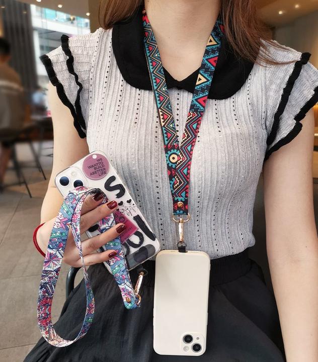 手机挂绳长款挂脖不勒宽带子复古民族风花纹挂链国潮祥云夹片式女