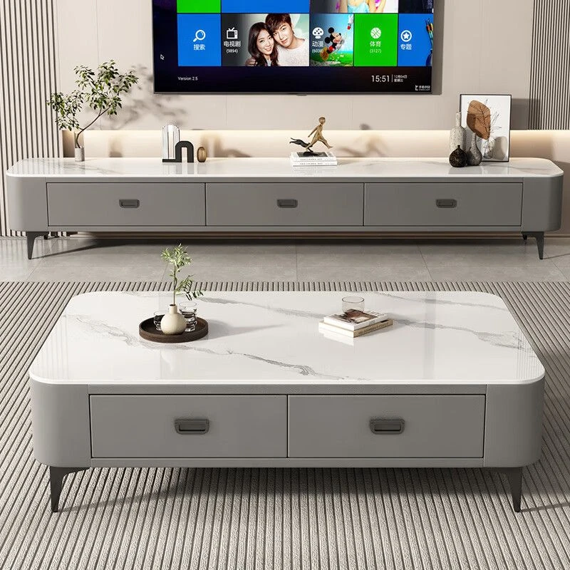 网红岩板茶几电视柜组合茶几现代简约家用长方形实木客厅储物茶桌