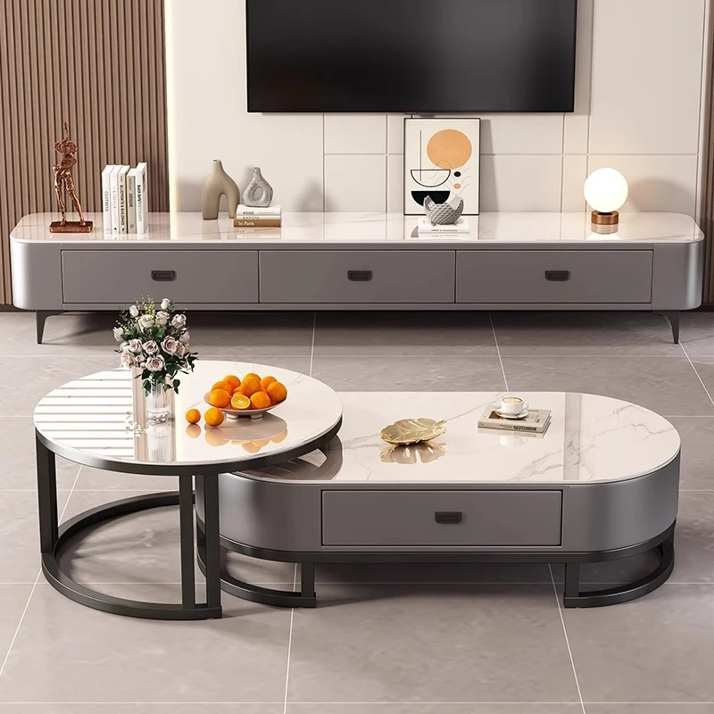 岩板茶几电视柜组合客厅家用轻奢简约茶桌椭圆形网红小户型茶几