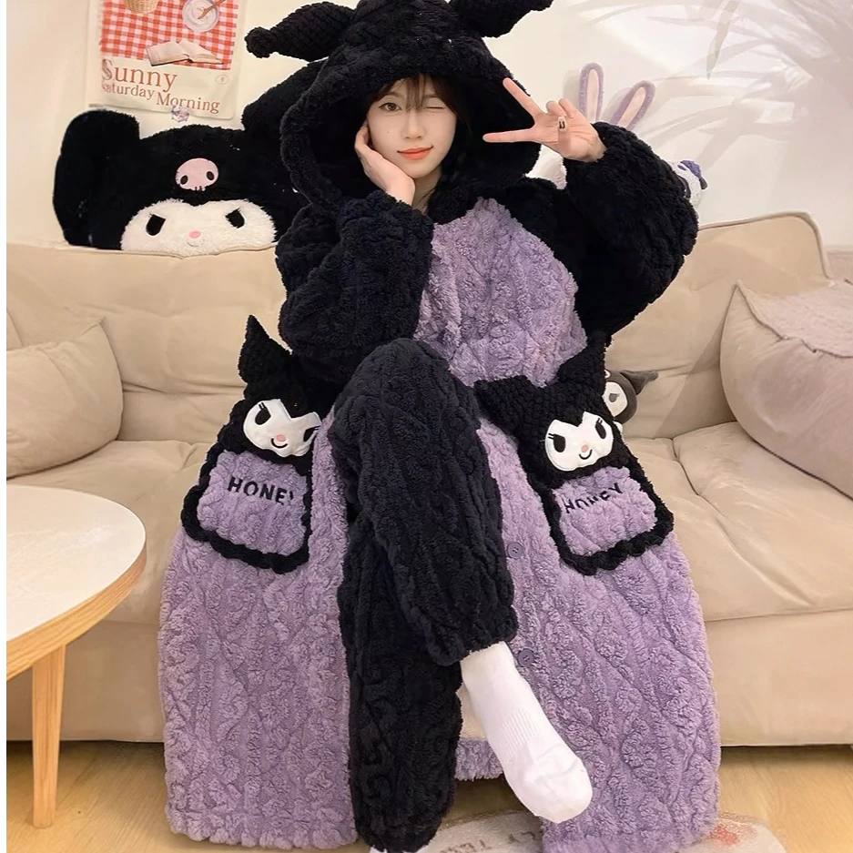 2024年珊瑚绒睡衣女加绒加厚连帽睡袍可爱秋冬季库落米家居服套装