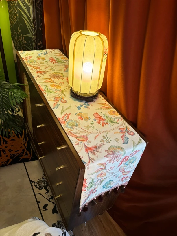 【ZQ-6粉黛】亚麻印花印花桌旗氛围感唯美餐桌茶几电视棋局装饰台布