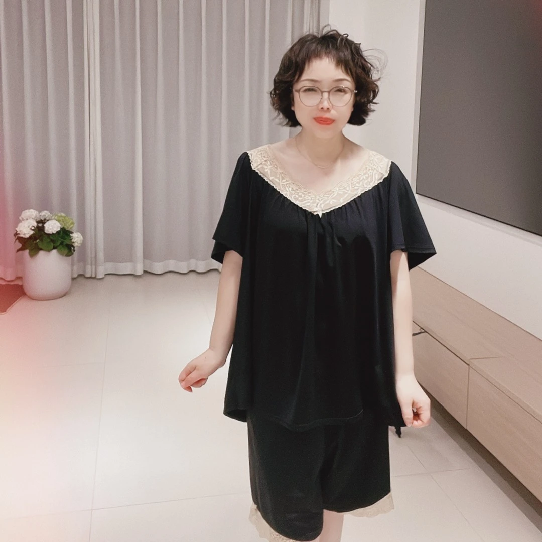 落落 钻石领大码短袖五分裤两件套睡衣女夏200斤胖mm