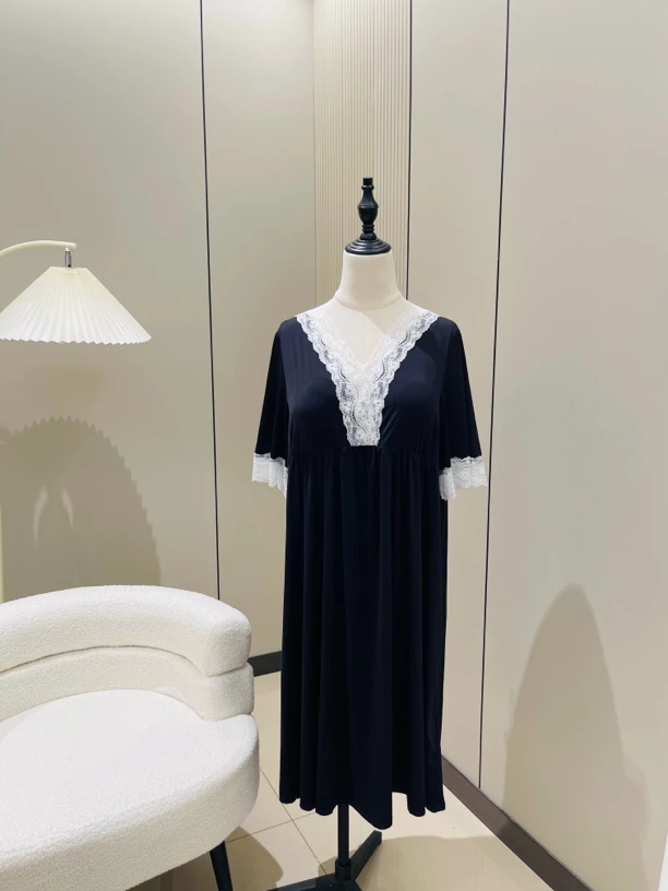 2024新款大码女士睡裙胸垫半袖胖mm家居服冰丝宽松纯色蕾丝V领