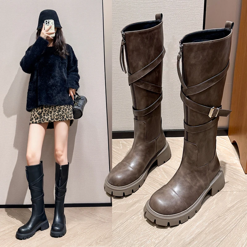 秋冬新美拉德粗腿靴子胖mm高筒骑士靴厚底大筒围长筒靴女大码女靴