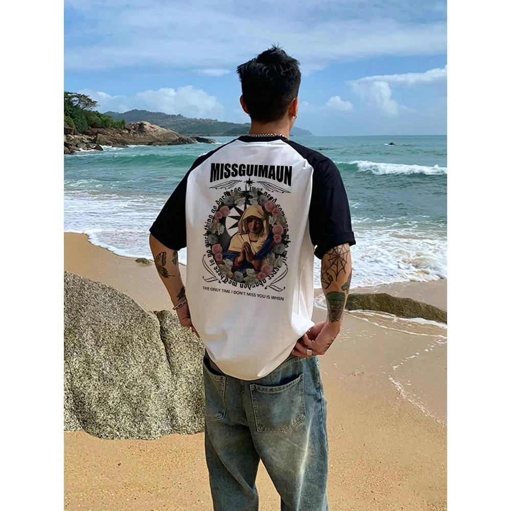 国潮牌重磅纯棉撞色插肩短袖t恤男款夏季美式宽松拼接半袖上衣服