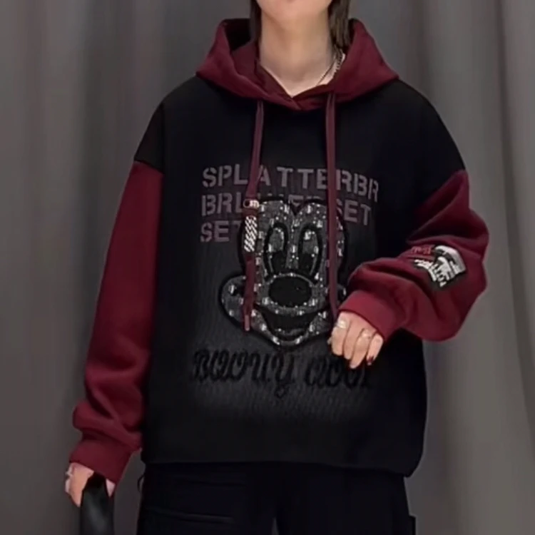 冬季休闲宽松百搭米奇头加绒连帽卫衣