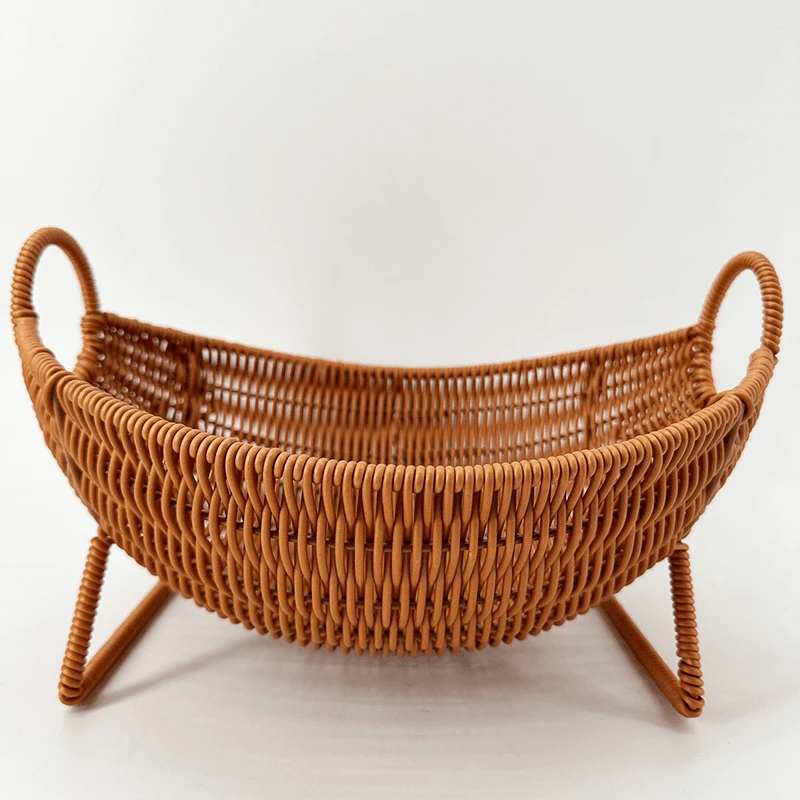 K3棕色旦形创意造型客厅轻奢风水果篮纯手工编织仿藤编家用水果盘