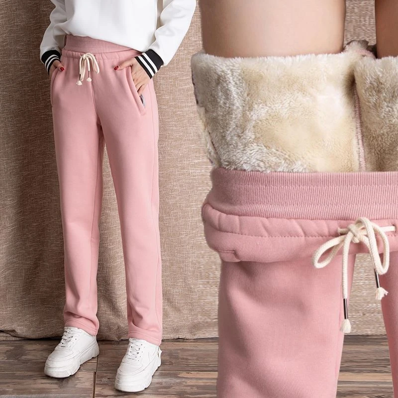 樱末冬季加绒女裤羊羔绒一体加厚外穿宽松保暖直筒运动休闲棉裤女