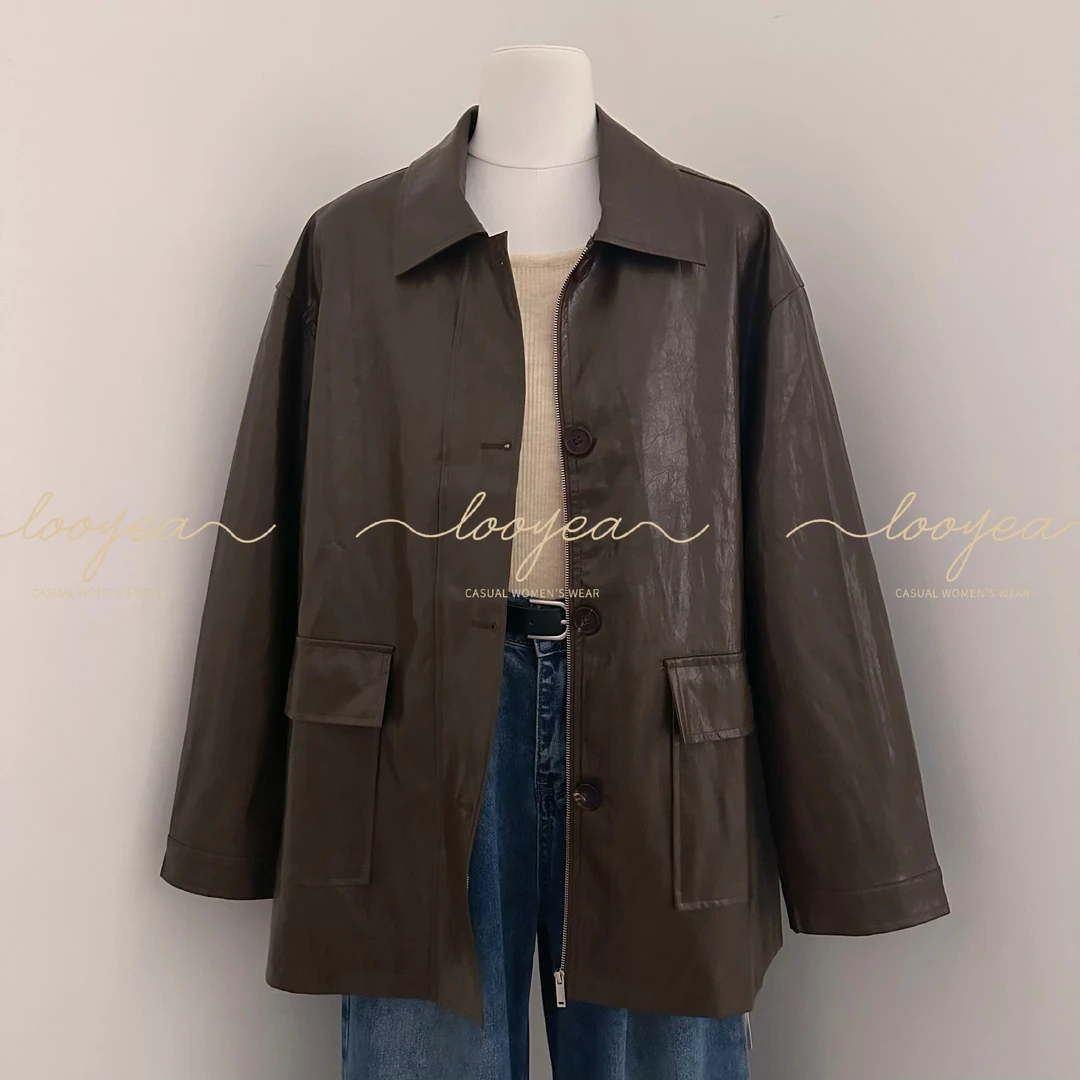 【美式德芙】LOOYEA 单排扣拉链款中长款皮衣外套 1731