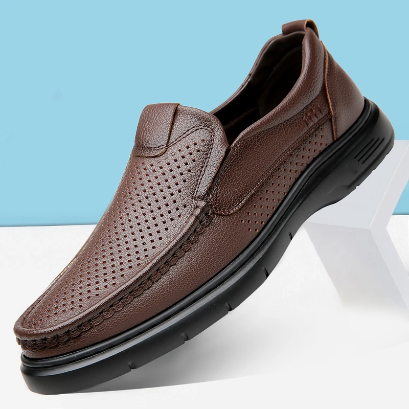 休闲男士正皮时尚百搭 休闲男皮鞋男士凉鞋中老年夏季透气软底鞋