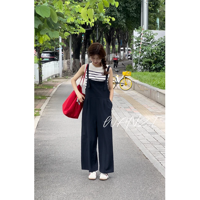 WANZI5【单件】藏青色（偏黑）休闲背带裤女连体裤2024夏显瘦显高新款