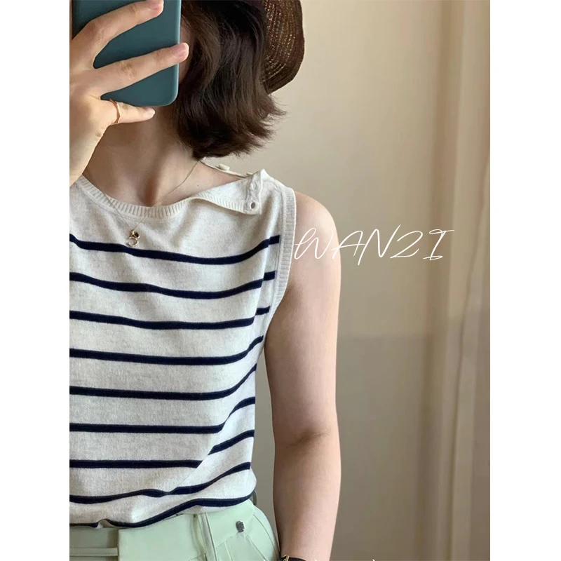 WANZI 条纹针织背心女薄款夏季设计感小众外传小坎肩上衣