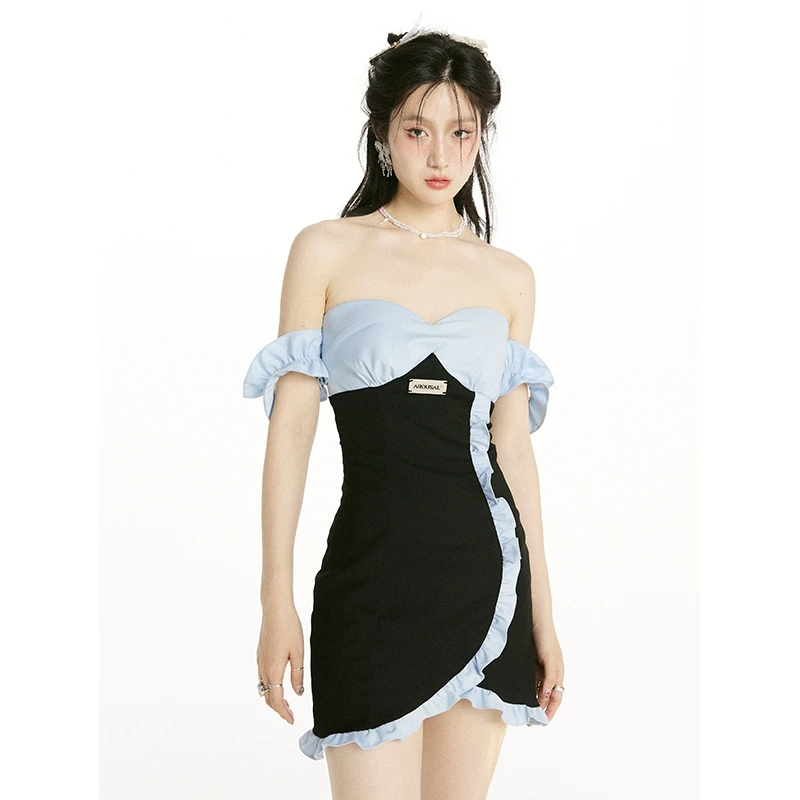 AROUSAL 蓝黑拼色一字肩连衣裙夏季炸街修身显瘦少女纯欲辣妹裙子