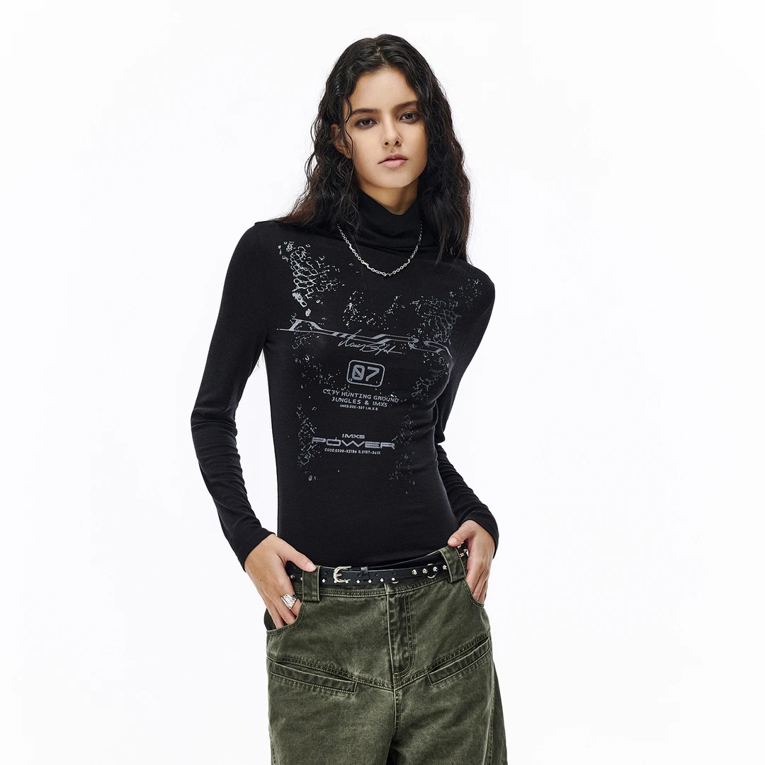 IMXS印花弹力正肩高领打底衫长袖T恤辣妹高级感修身显瘦上衣