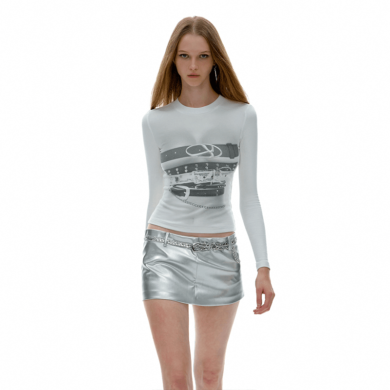 imxs/imxs 数码印花T恤针织白色修身短款性感显瘦辣妹美式长袖上衣女