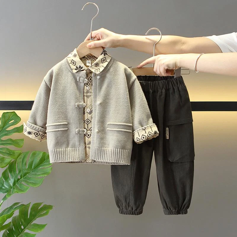 男童小男孩秋装童装套装炸街新款帅气时髦毛衣针织外套早秋三件套