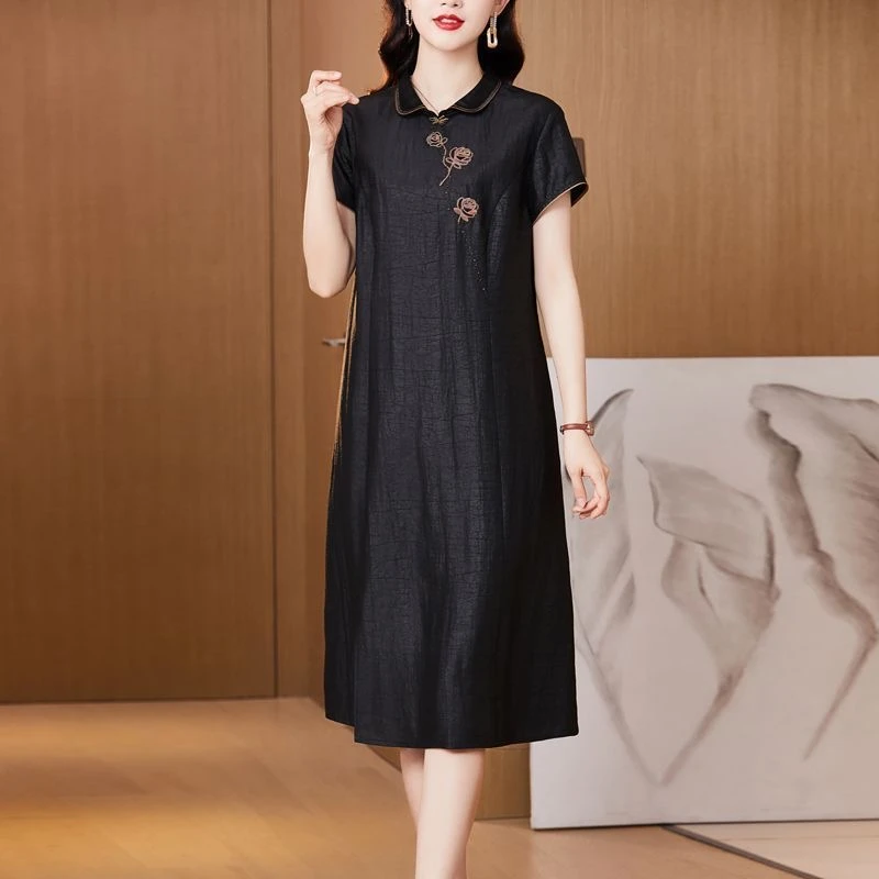 正宗香云纱连衣裙龟裂纹真丝桑蚕丝2023高端妈妈中老年龟纹年轻款