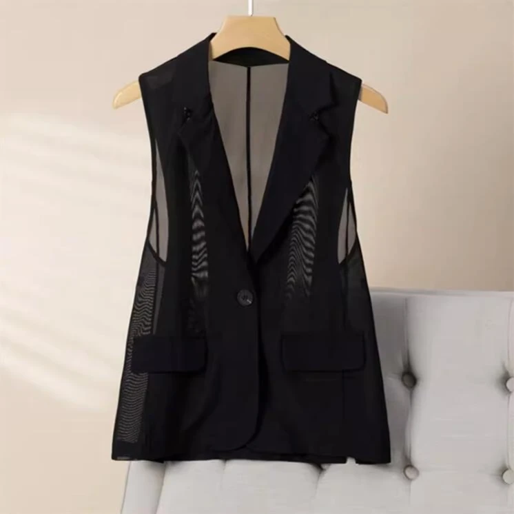 夏季网纱马甲女2025大码背心坎肩轻薄透气职业显瘦两侧开叉马夹薄