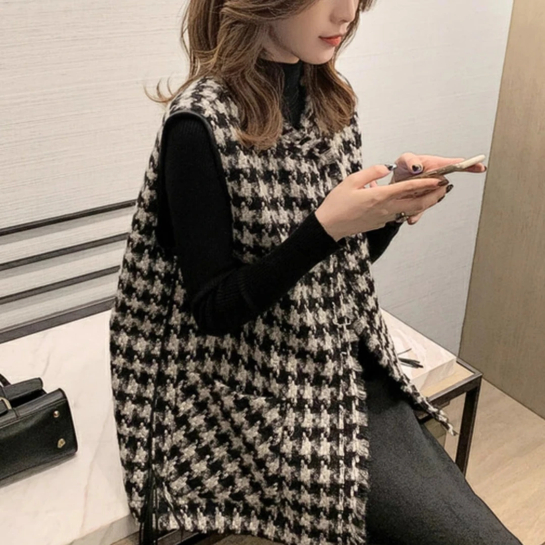 小香风马甲女春季千鸟格复古马甲背心外套女时尚格子宽松韩版马夹