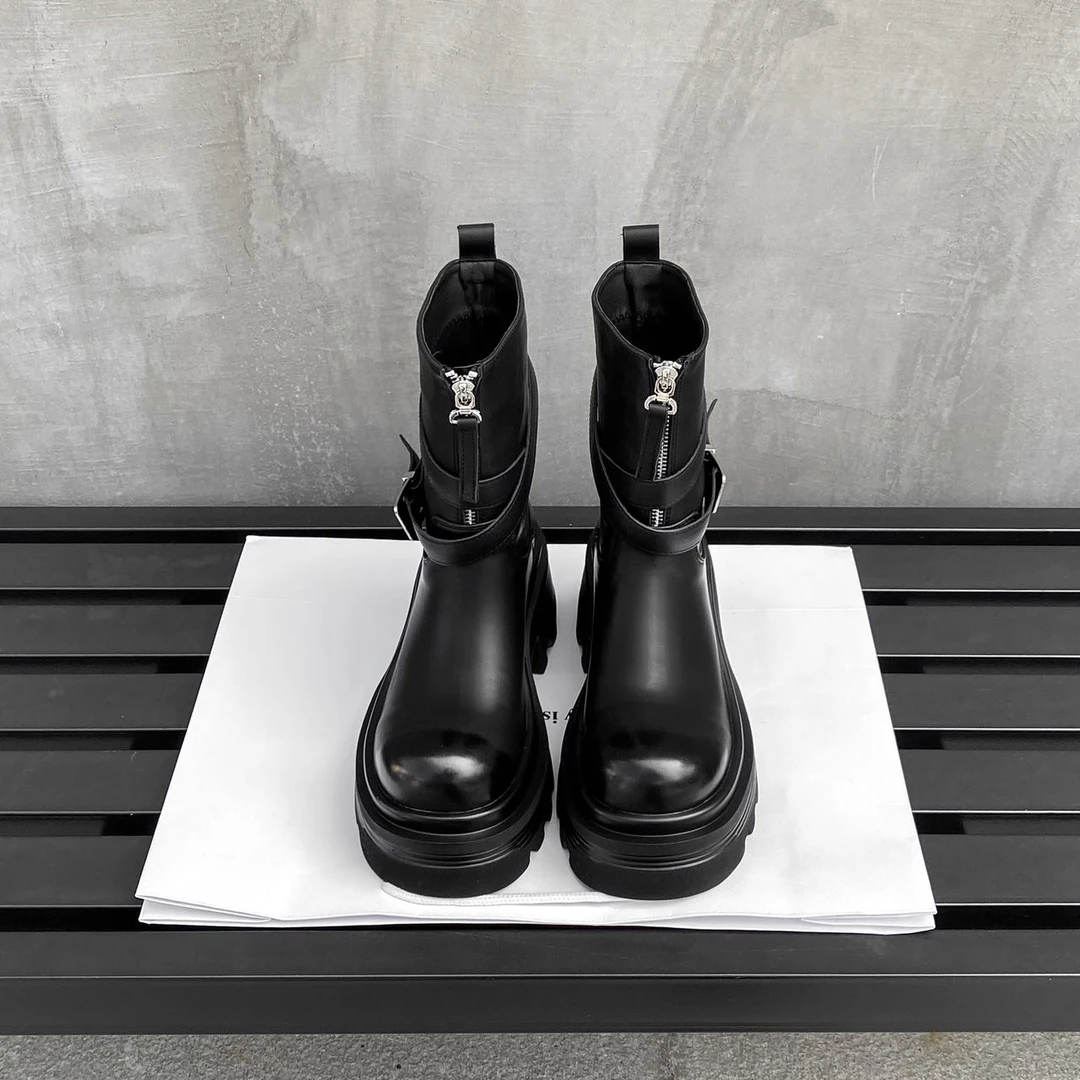 帅气皮带扣装饰机车骑士靴女2024厚底增高前拉链中高筒靴瘦瘦靴女